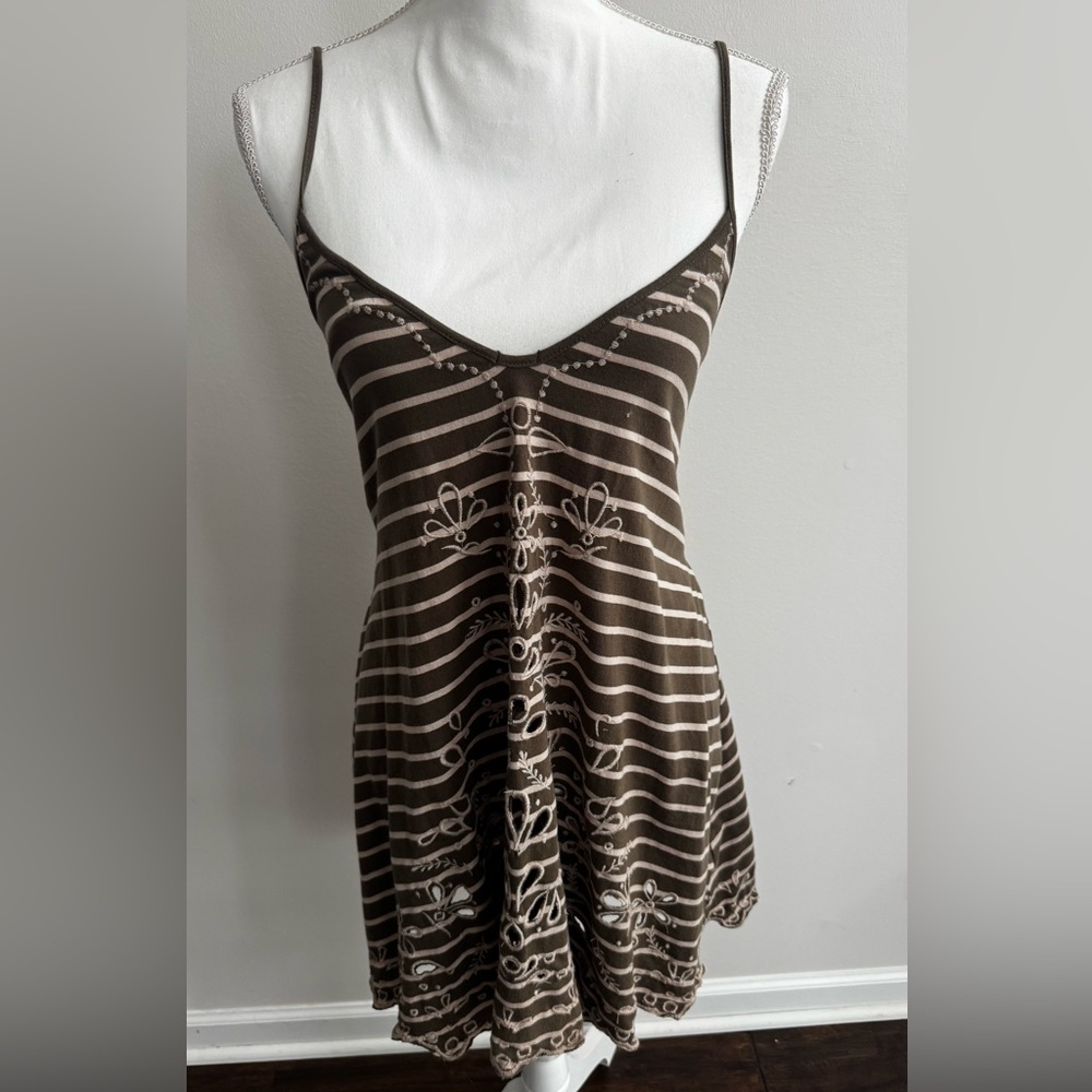 Free People Green and Cream Striped Patterned Top